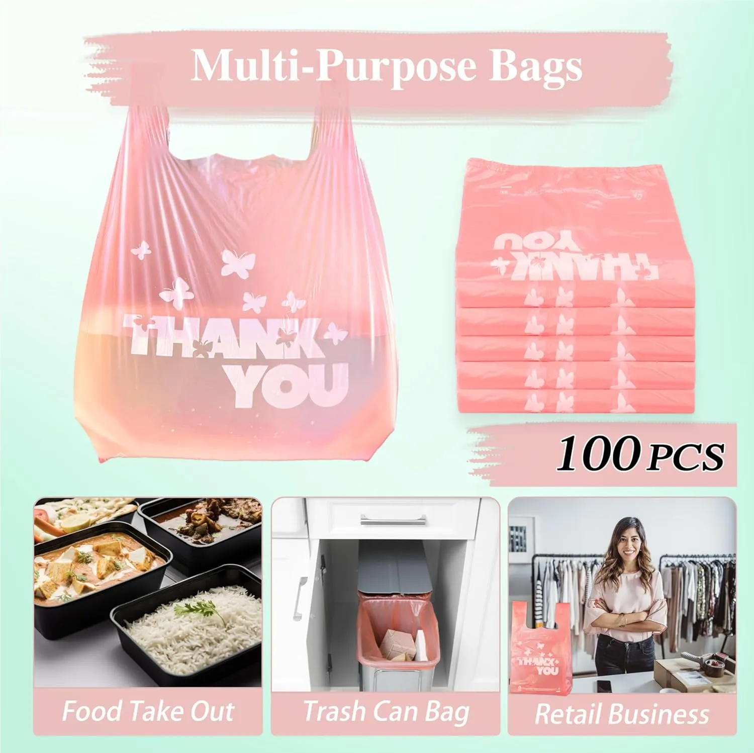 PINK Thank you bags, 100PCS T shirt bags, To Go Bags,Grocery bags, Reusable and Disposable,Perfect for Small Business,Take Out,Retails,11 inchx6 inchx21 inch(100),Large
