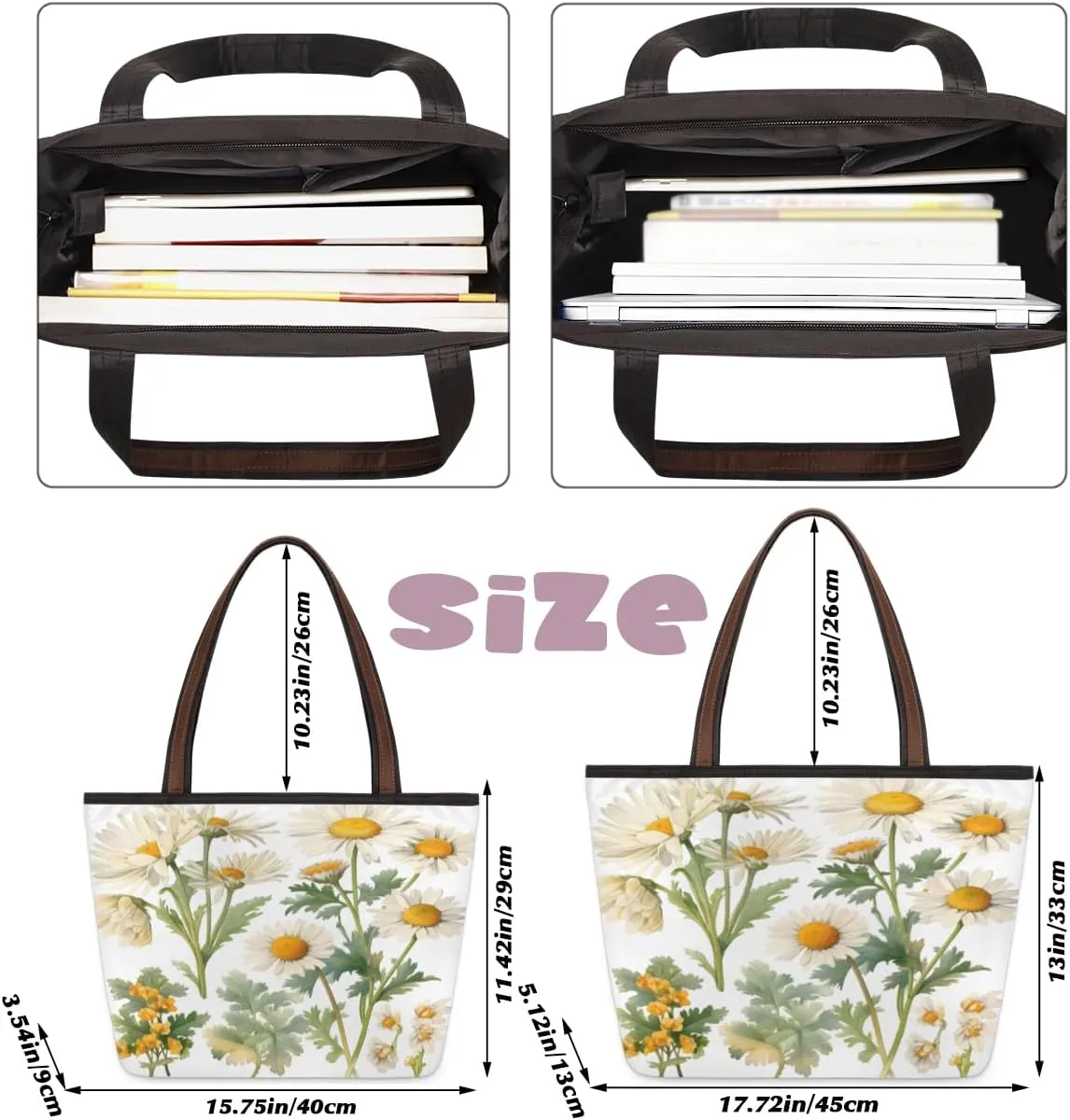 Poppy Flowers Tote Bag with Zipper 15 Inch Canvas Tote Bag for Women Shoulder Handbag