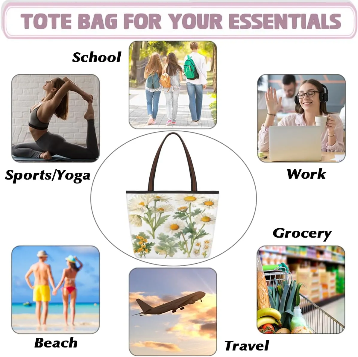 Poppy Flowers Tote Bag with Zipper 15 Inch Canvas Tote Bag for Women Shoulder Handbag
