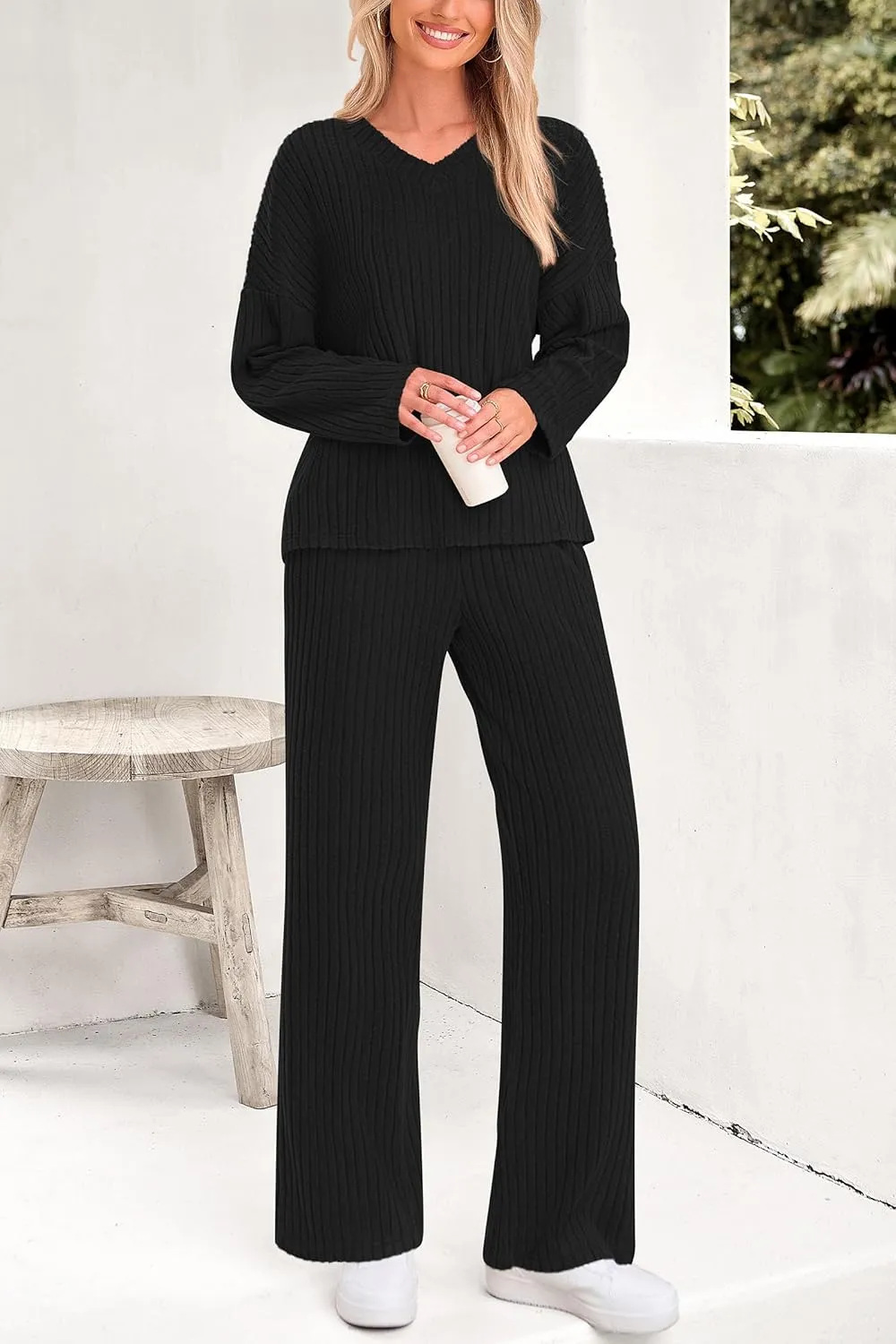 PRETTYGARDEN Women's 2 Piece Lounge Sets Ribbed Knit Long Sleeve V Neck Pullover Tops Wide Leg Pants Spring Fall Outfits
