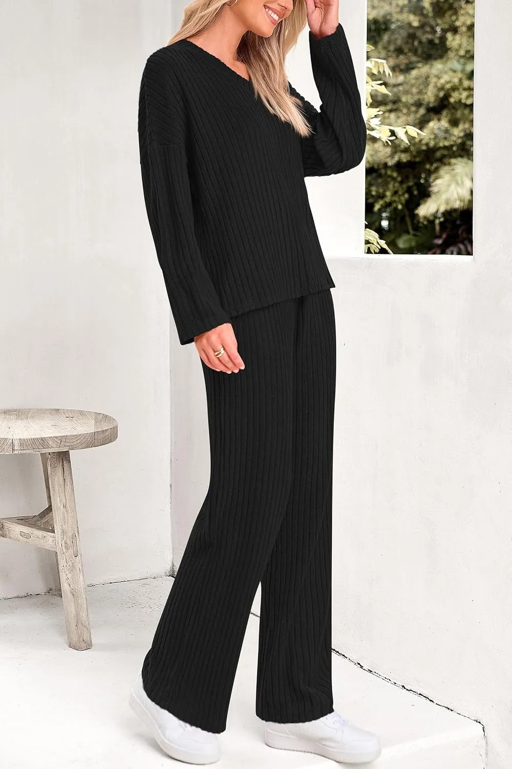 PRETTYGARDEN Women's 2 Piece Lounge Sets Ribbed Knit Long Sleeve V Neck Pullover Tops Wide Leg Pants Spring Fall Outfits