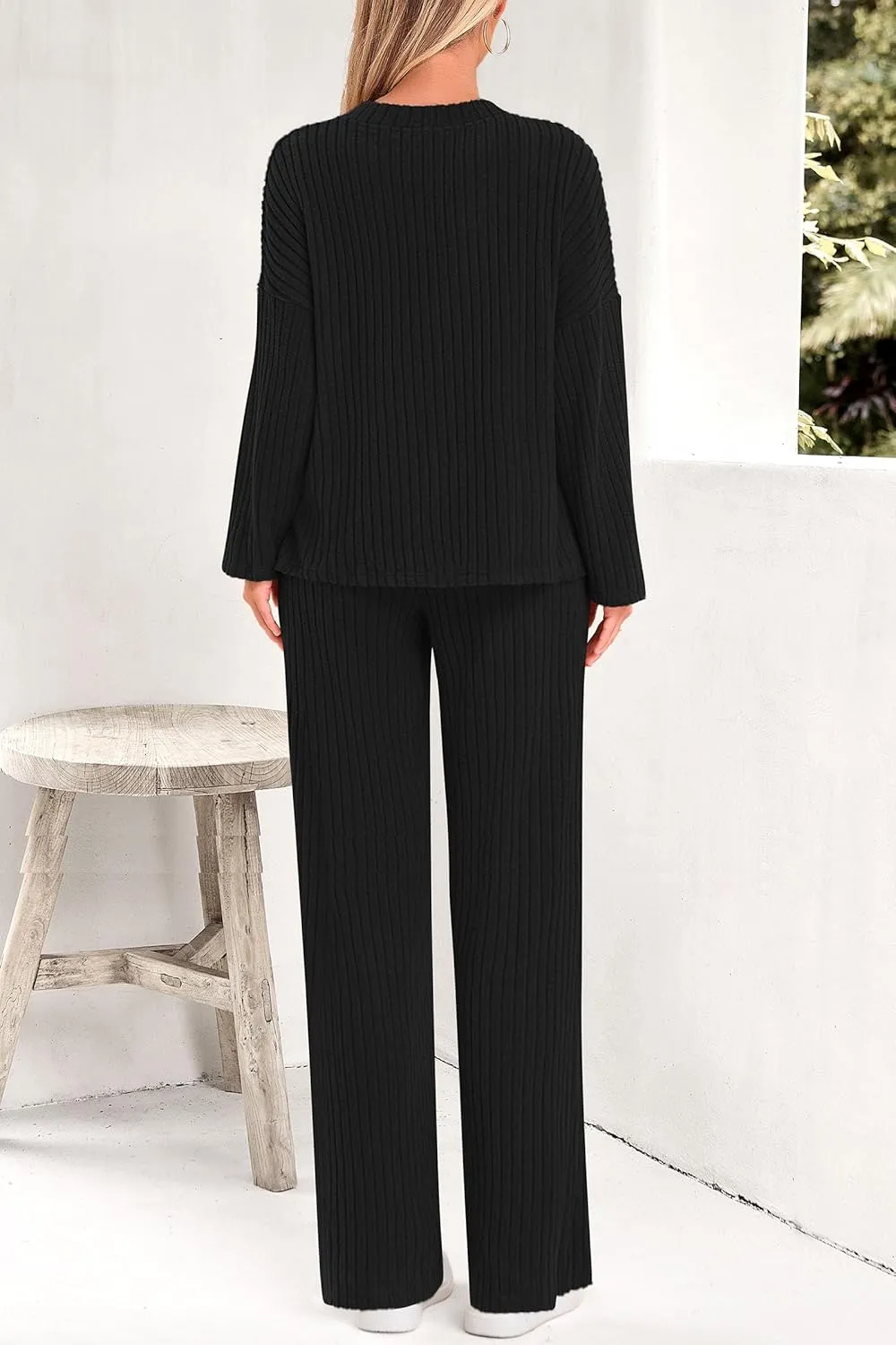 PRETTYGARDEN Women's 2 Piece Lounge Sets Ribbed Knit Long Sleeve V Neck Pullover Tops Wide Leg Pants Spring Fall Outfits