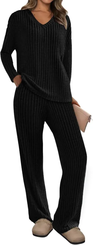 PRETTYGARDEN Women's 2 Piece Lounge Sets Ribbed Knit Long Sleeve V Neck Pullover Tops Wide Leg Pants Spring Fall Outfits