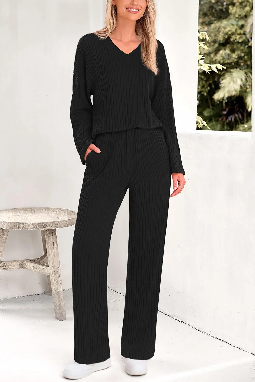 PRETTYGARDEN Women's 2 Piece Lounge Sets Ribbed Knit Long Sleeve V Neck Pullover Tops Wide Leg Pants Spring Fall Outfits