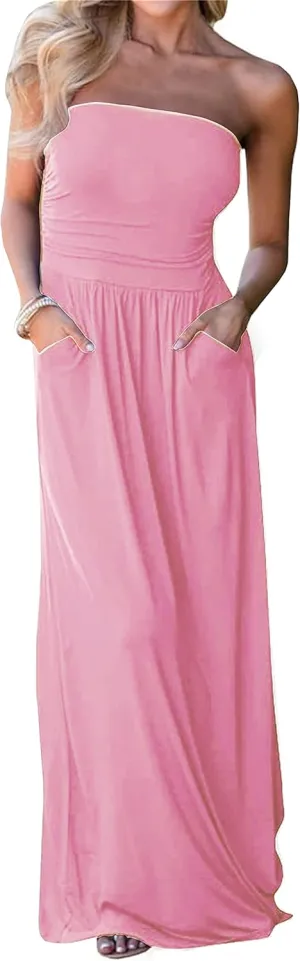 PRIMODA Womens Strapless Tube Top Maxi Dress Floral Boho Beach Dress with Pockets