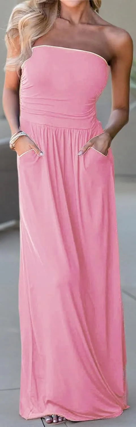 PRIMODA Womens Strapless Tube Top Maxi Dress Floral Boho Beach Dress with Pockets
