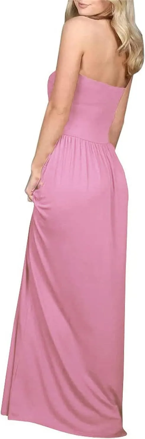 PRIMODA Womens Strapless Tube Top Maxi Dress Floral Boho Beach Dress with Pockets