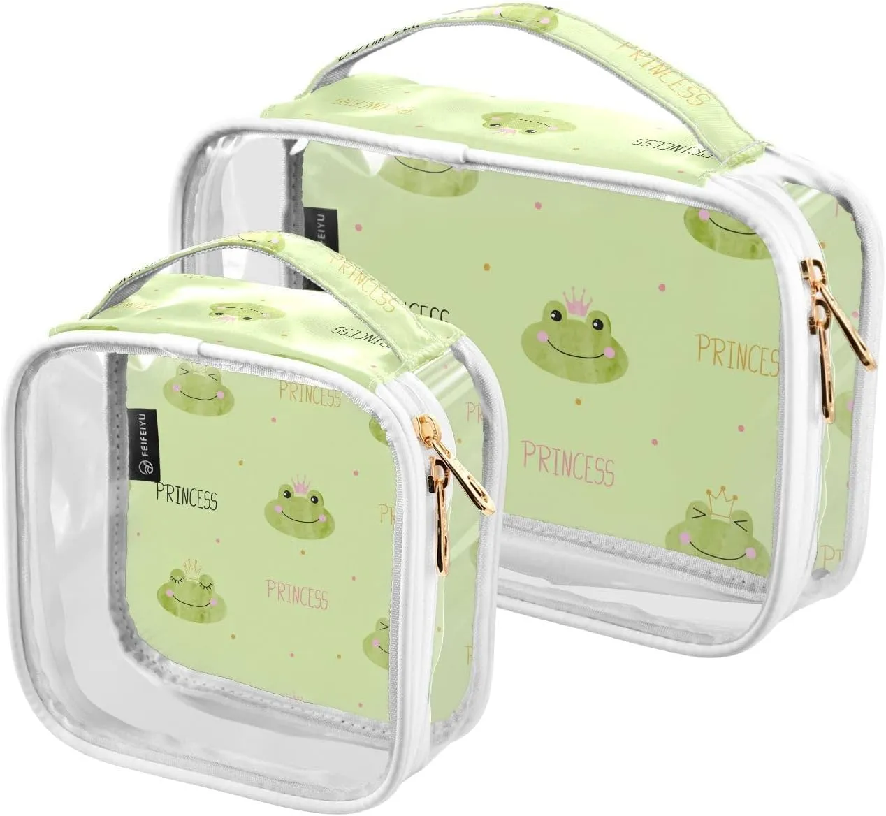 Princess Frogs 2 Pieces Clear Makeup Cosmetic Toiletry Bags for Women Men PVC Waterproof Portable Travel Storage Carry Pouch with Gold Zippers Handbag Purse for Vacation Bathroom Organizing Traveling