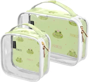 Princess Frogs 2 Pieces Clear Makeup Cosmetic Toiletry Bags for Women Men PVC Waterproof Portable Travel Storage Carry Pouch with Gold Zippers Handbag Purse for Vacation Bathroom Organizing Traveling