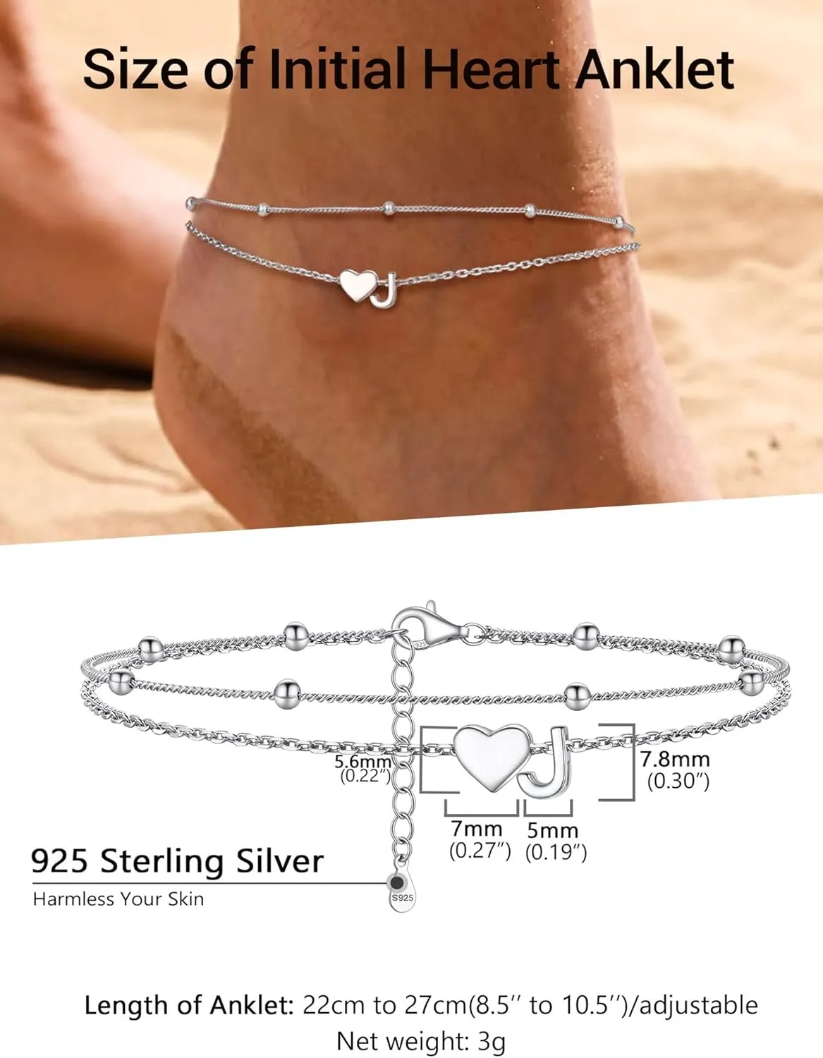 PROSILVER Ankle Bracelets for Women S925 Sterling Silver Anklets for Women Waterproof, Dainty Layered Heart Anklet, Beach Initial Anklet for Summer, Letter A-Z