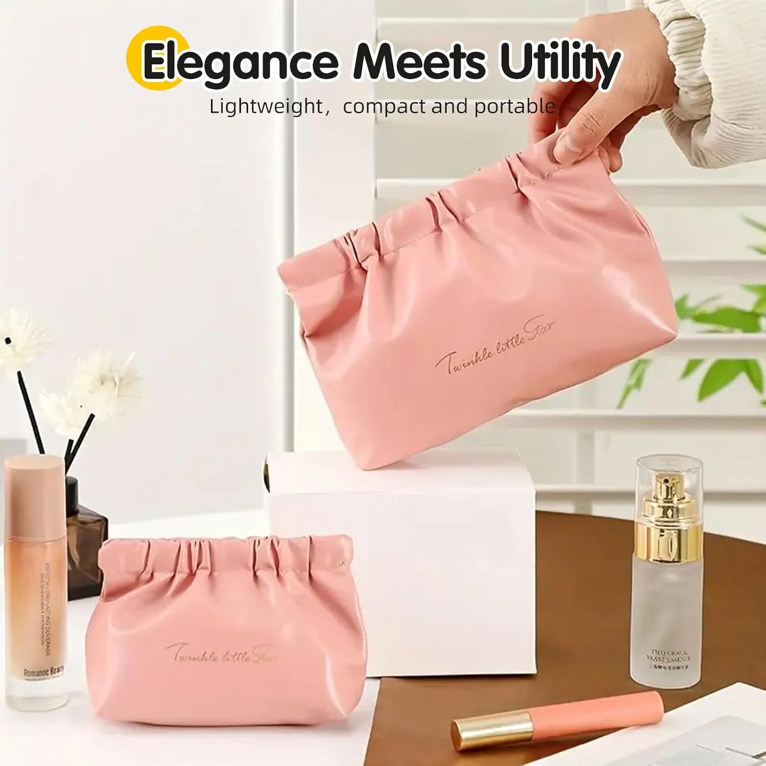 PU Leather Makeup Bag 2PCS, Elastic Aesthetic Lipstick Bag, Cute Small Cosmetic Bag, Daily Portable Travel Organizer Bag, Accessories Storage Pouch, Toiletry Bag Set (Blush Rose Pink)