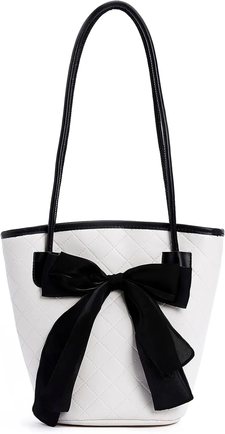 PU Leather Purse for Womens Handbag Top Handle Shoulder Bag Tote Bucket Bag Bow Bag White HDJ02
