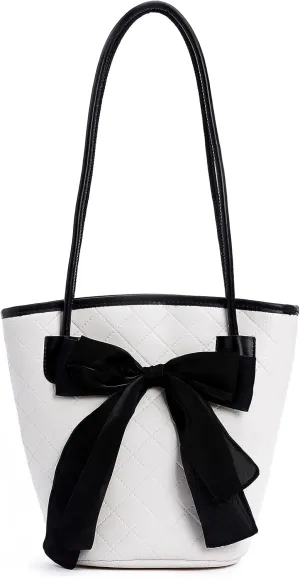 PU Leather Purse for Womens Handbag Top Handle Shoulder Bag Tote Bucket Bag Bow Bag White HDJ02