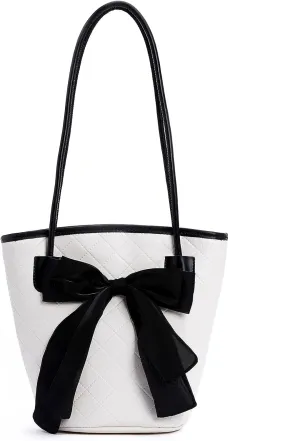 PU Leather Purse for Womens Handbag Top Handle Shoulder Bag Tote Bucket Bag Bow Bag White HDJ03
