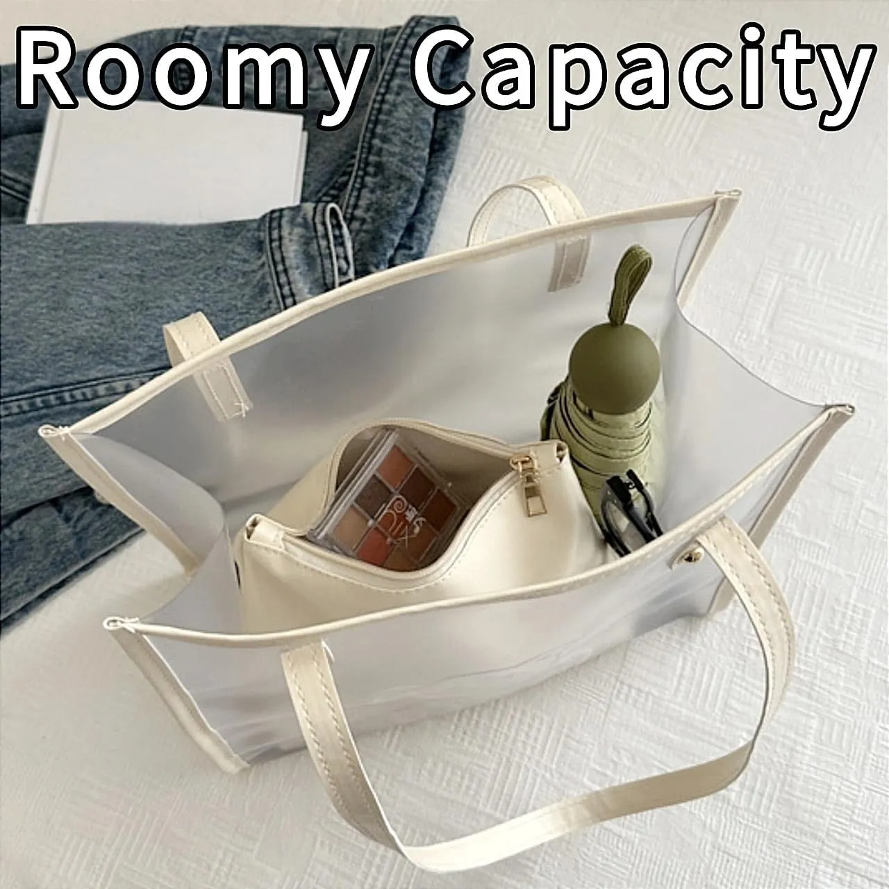 PVC Tote Bag Large Waterproof Kraft Paper Handbags with Zipper Pockets Handle for Women Work Beach Swimming