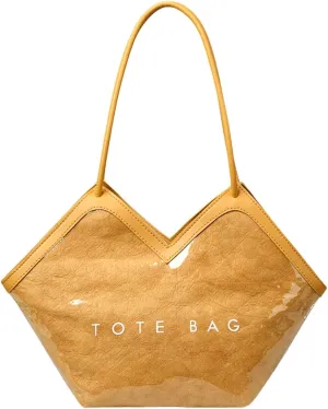 PVC Tote Bag Large Waterproof Kraft Paper Handbags with Zipper Pockets Handle for Women Work Beach Swimming