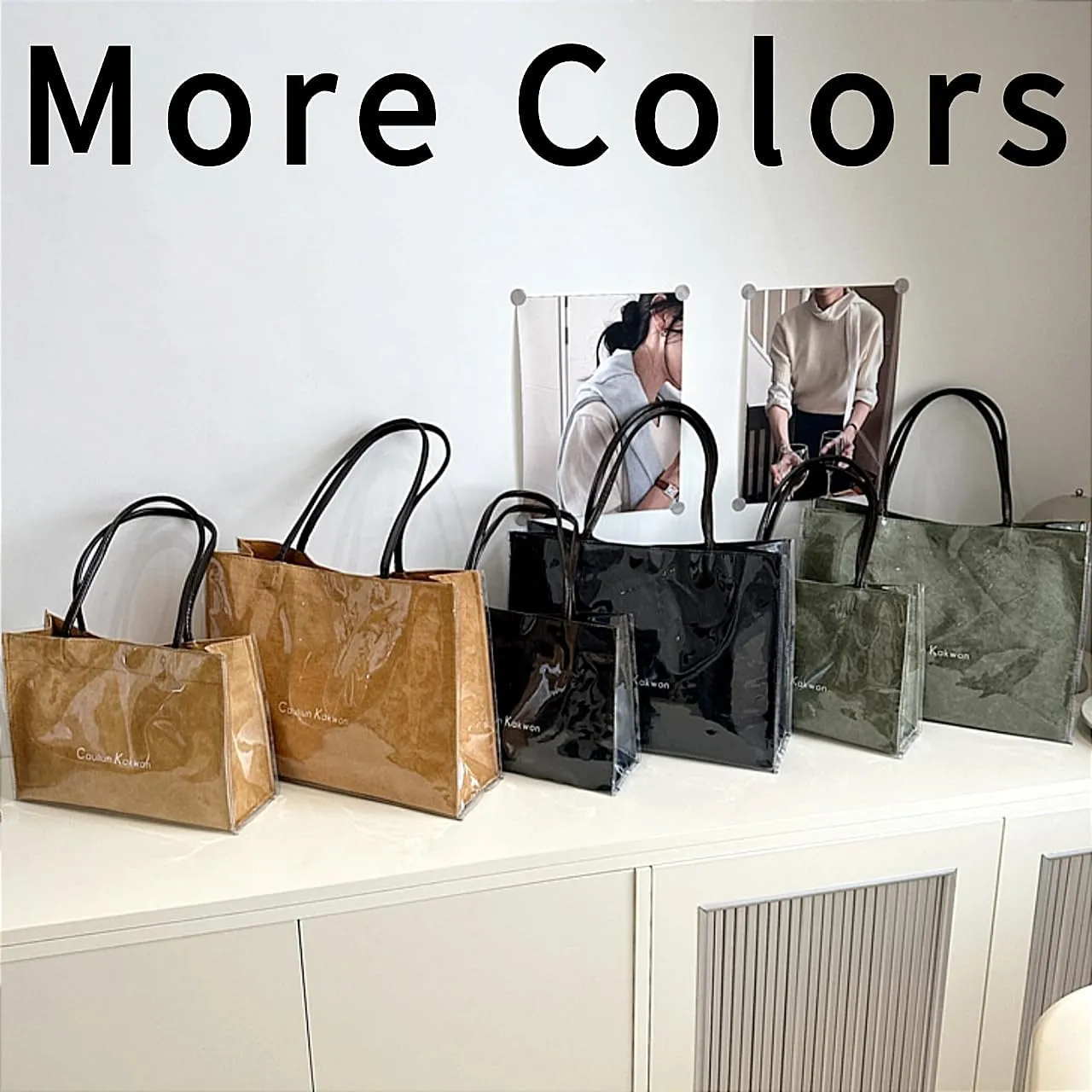 PVC Tote Bag Large Waterproof Kraft Paper Handbags with Zipper Pockets Handle for Women Work Beach Swimming
