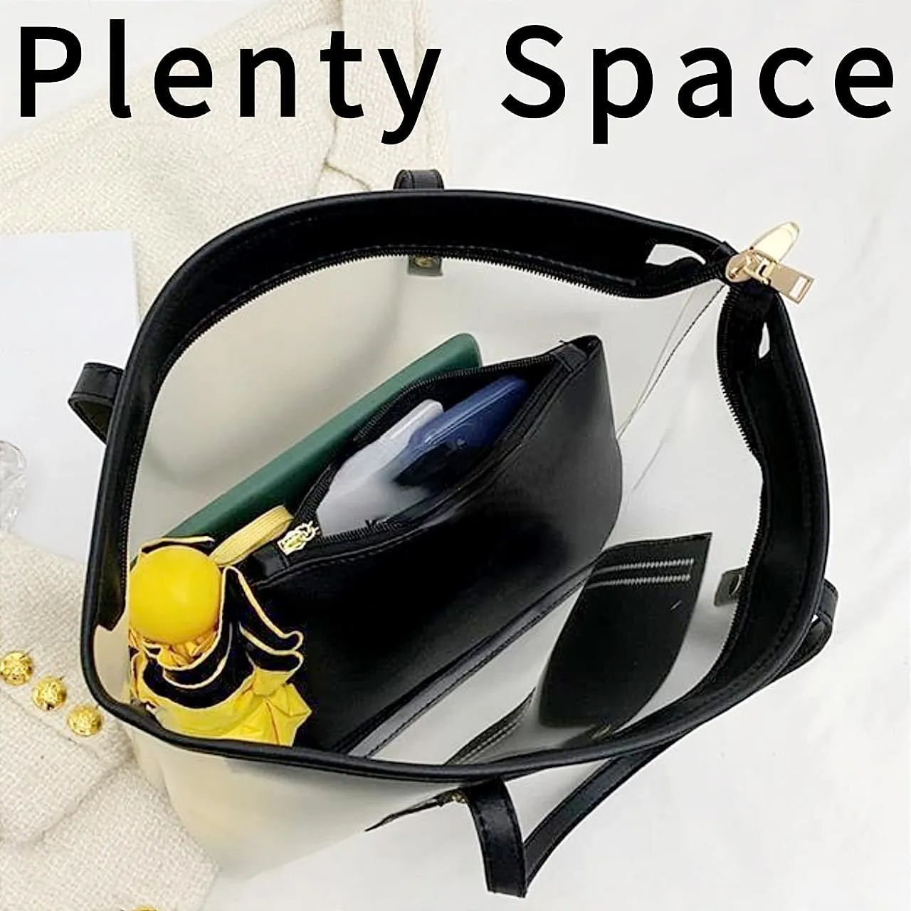 PVC Tote Bag Large Waterproof Kraft Paper Handbags with Zipper Pockets Handle for Women Work Beach Swimming