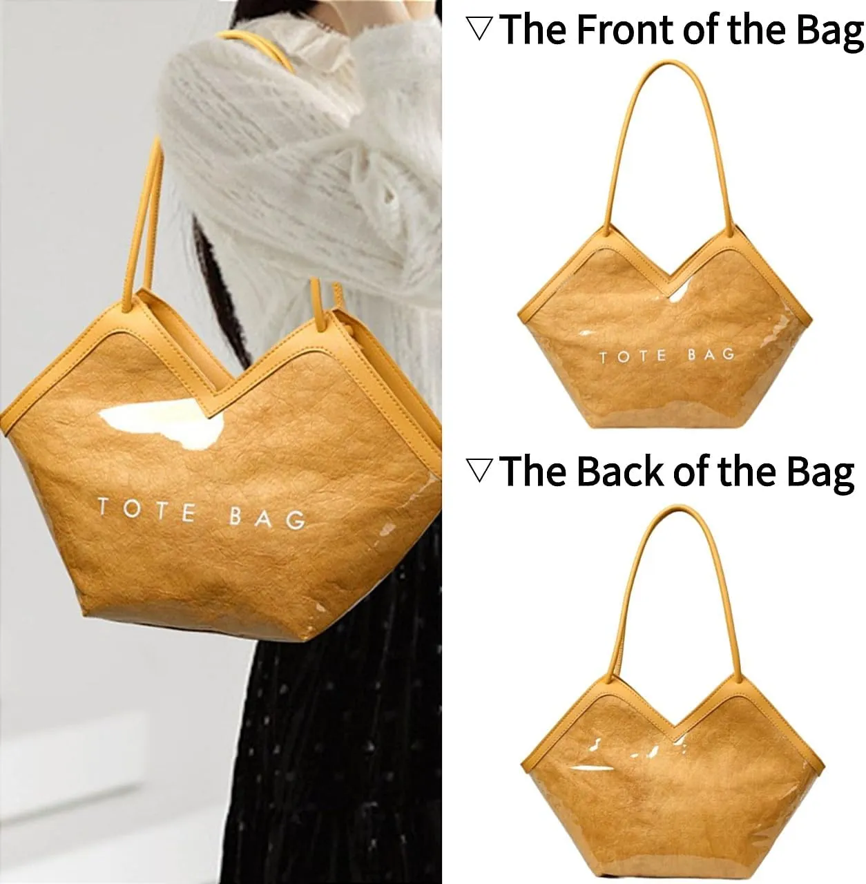 PVC Tote Bag Large Waterproof Kraft Paper Handbags with Zipper Pockets Handle for Women Work Beach Swimming
