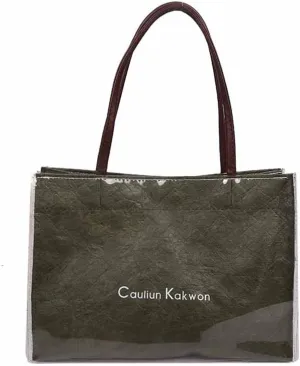 PVC Tote Bag Large Waterproof Kraft Paper Handbags with Zipper Pockets Handle for Women Work Beach Swimming