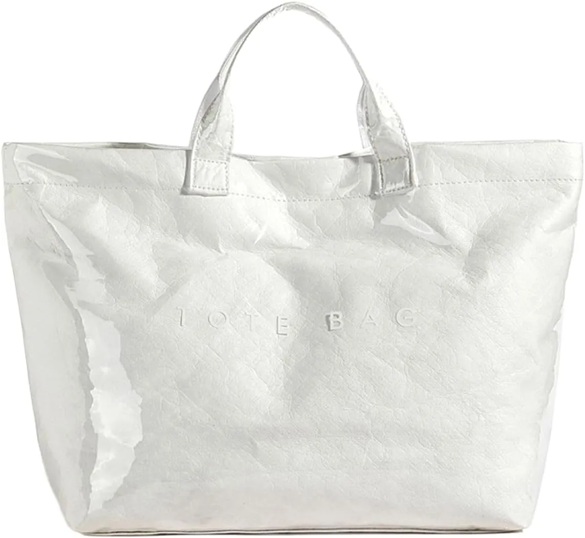 PVC Tote Bag Large Waterproof Kraft Paper Handbags with Zipper Pockets Handle for Women Work Beach Swimming