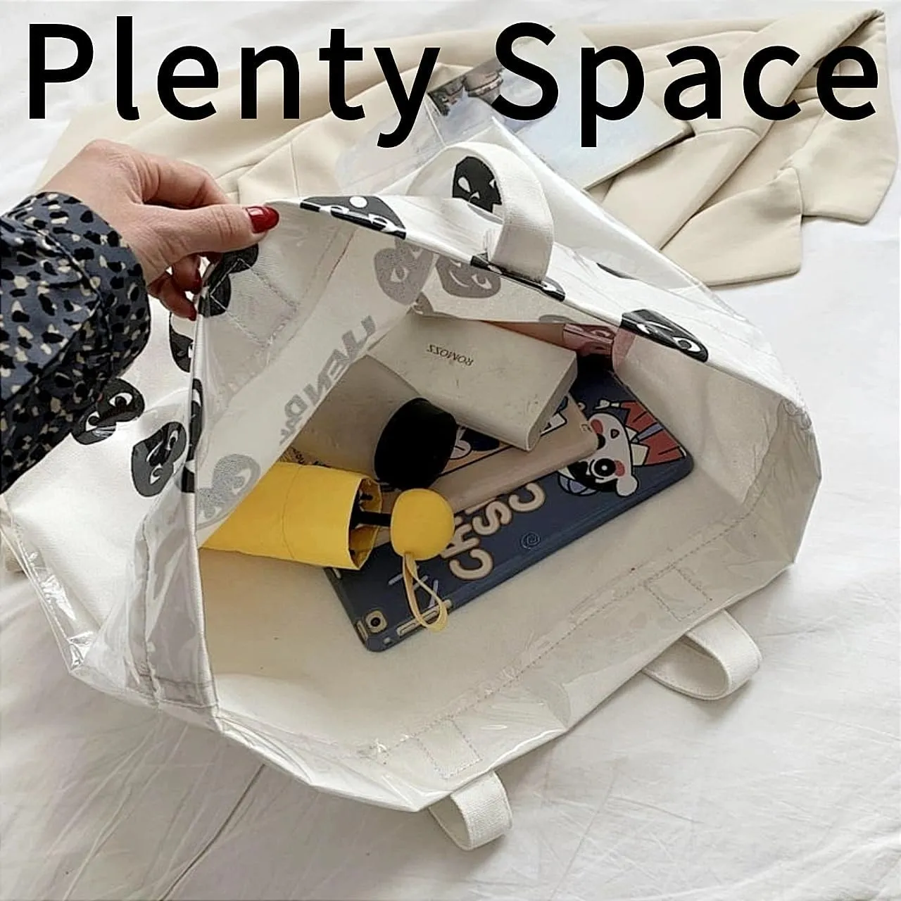 PVC Tote Bag Large Waterproof Kraft Paper Handbags with Zipper Pockets Handle for Women Work Beach Swimming