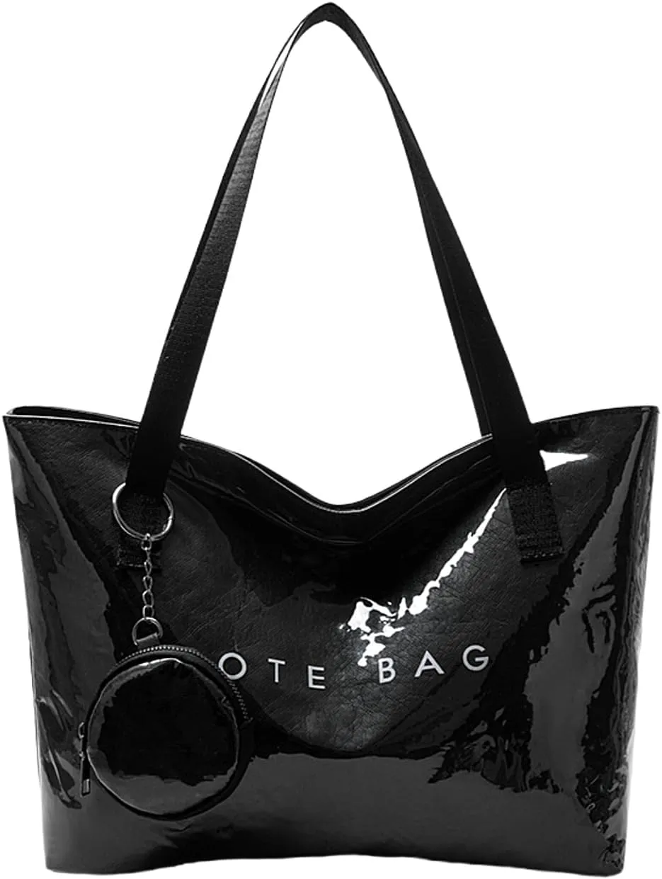 PVC Tote Bag Large Waterproof Kraft Paper Handbags with Zipper Pockets Handle for Women Work Beach Swimming