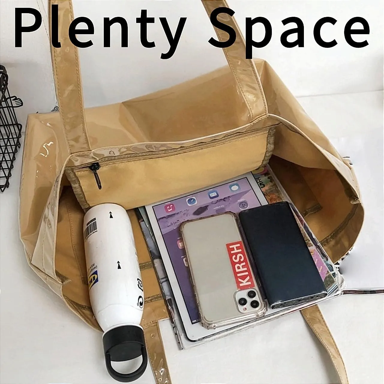 PVC Tote Bag Large Waterproof Kraft Paper Handbags with Zipper Pockets Handle for Women Work Beach Swimming