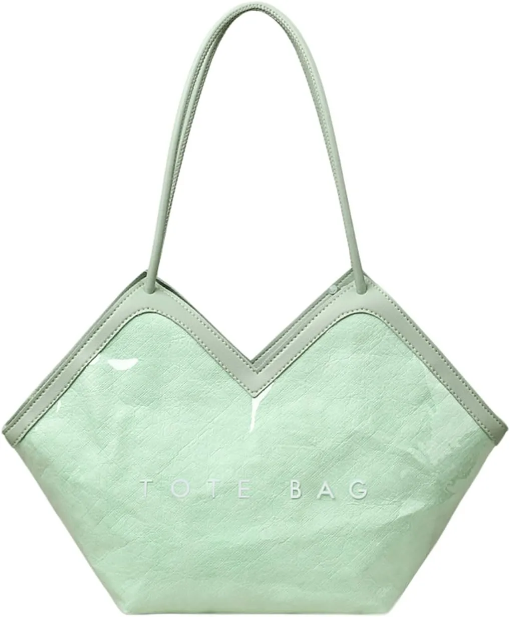 PVC Tote Bag Large Waterproof Kraft Paper Handbags with Zipper Pockets Handle for Women Work Beach Swimming