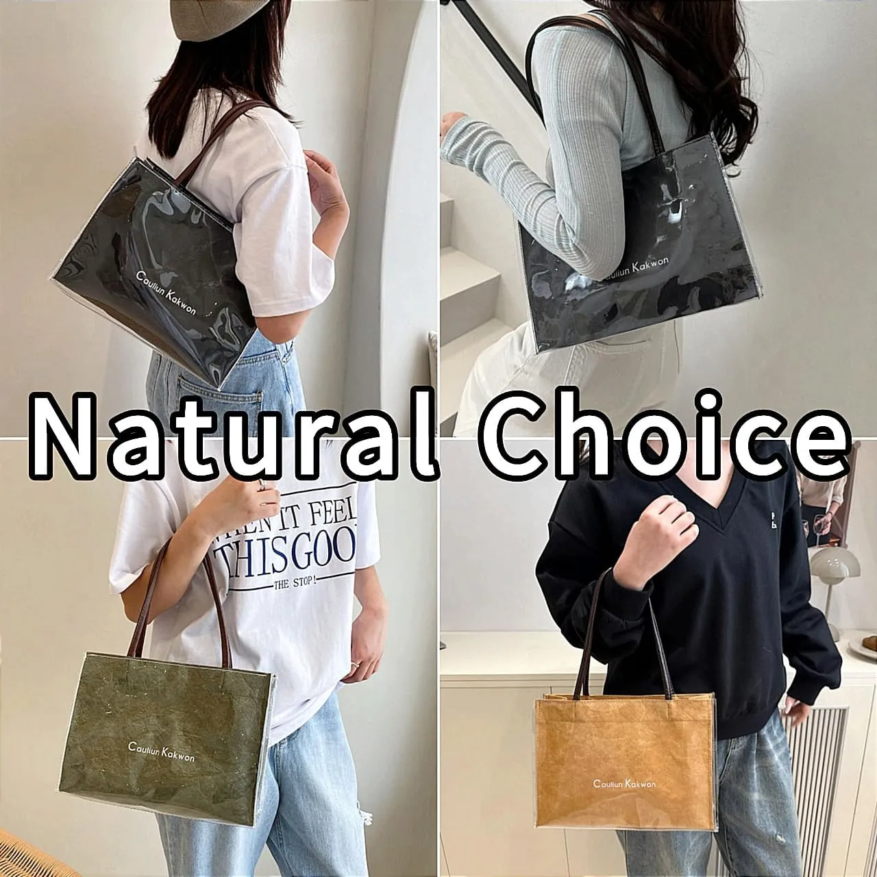PVC Tote Bag Large Waterproof Kraft Paper Handbags with Zipper Pockets Handle for Women Work Beach Swimming