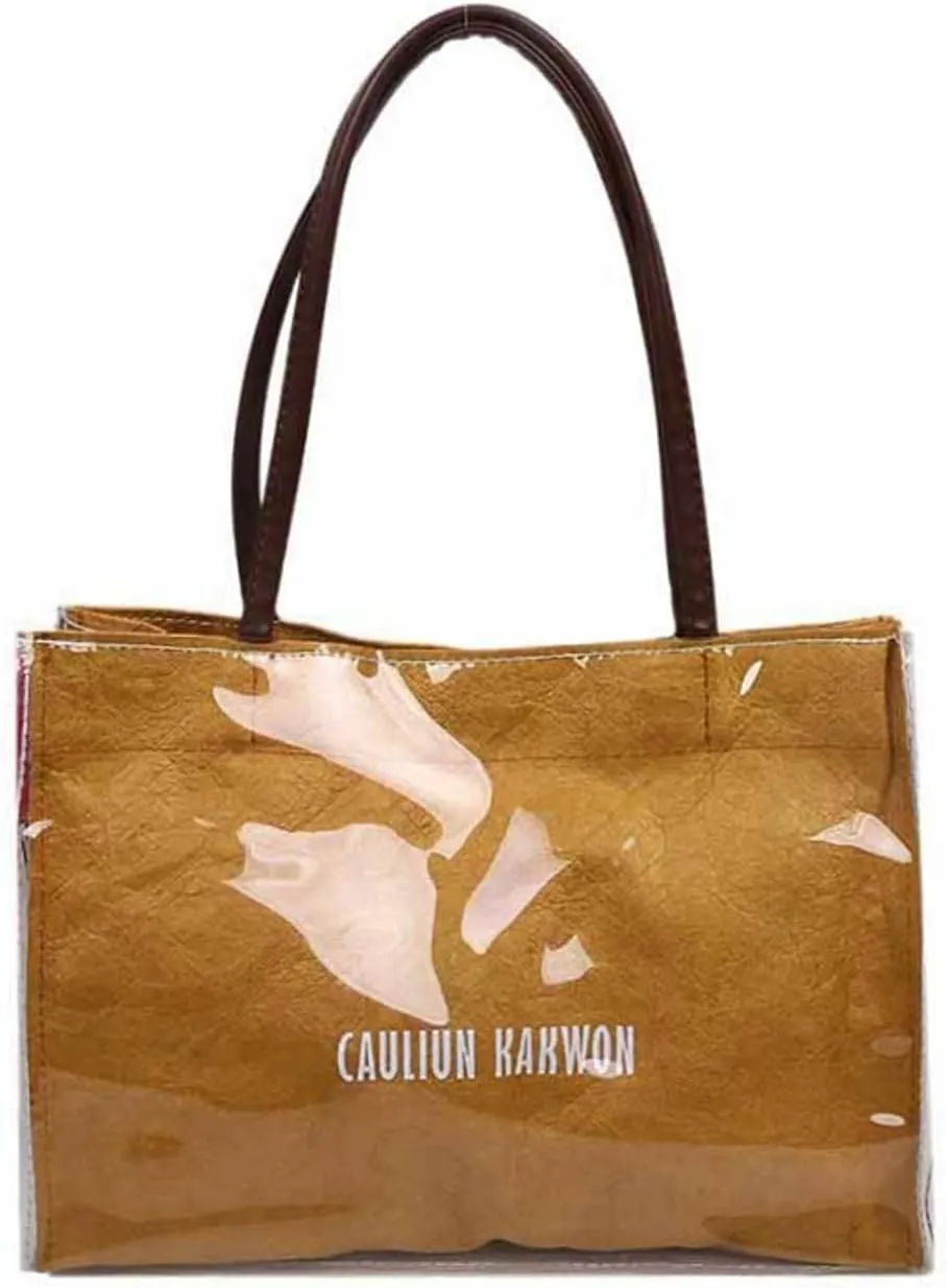 PVC Tote Bag Large Waterproof Kraft Paper Handbags with Zipper Pockets Handle for Women Work Beach Swimming