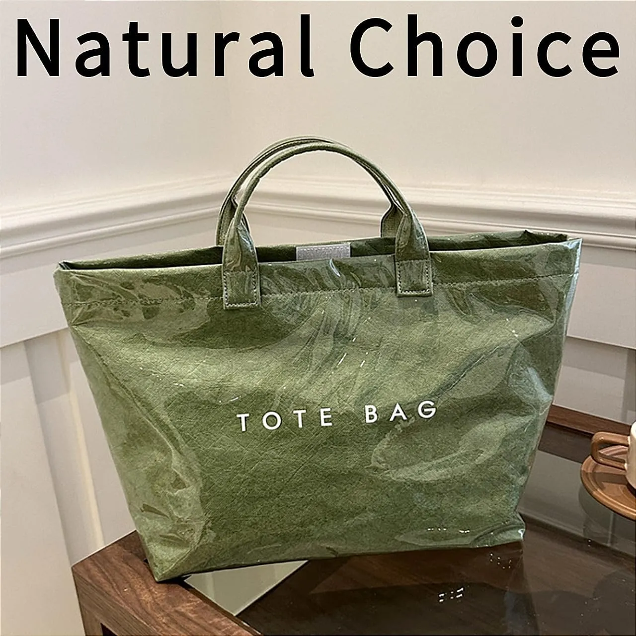 PVC Tote Bag Large Waterproof Kraft Paper Handbags with Zipper Pockets Handle for Women Work Beach Swimming