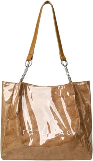 PVC Tote Bag Large Waterproof Kraft Paper Handbags with Zipper Pockets Handle for Women Work Beach Swimming