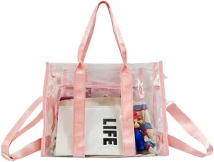 PVC Tote Bag Large Waterproof Kraft Paper Handbags with Zipper Pockets Handle for Women Work Beach Swimming