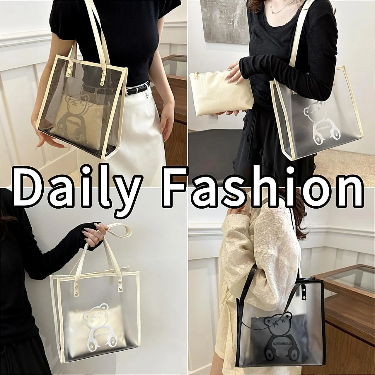PVC Tote Bag Large Waterproof Kraft Paper Handbags with Zipper Pockets Handle for Women Work Beach Swimming