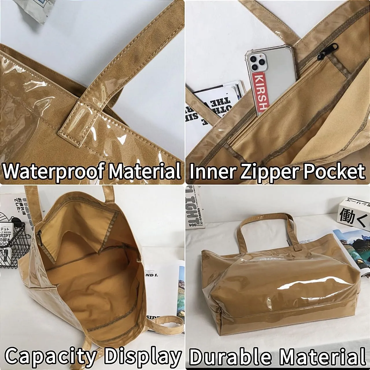 PVC Tote Bag Large Waterproof Kraft Paper Handbags with Zipper Pockets Handle for Women Work Beach Swimming