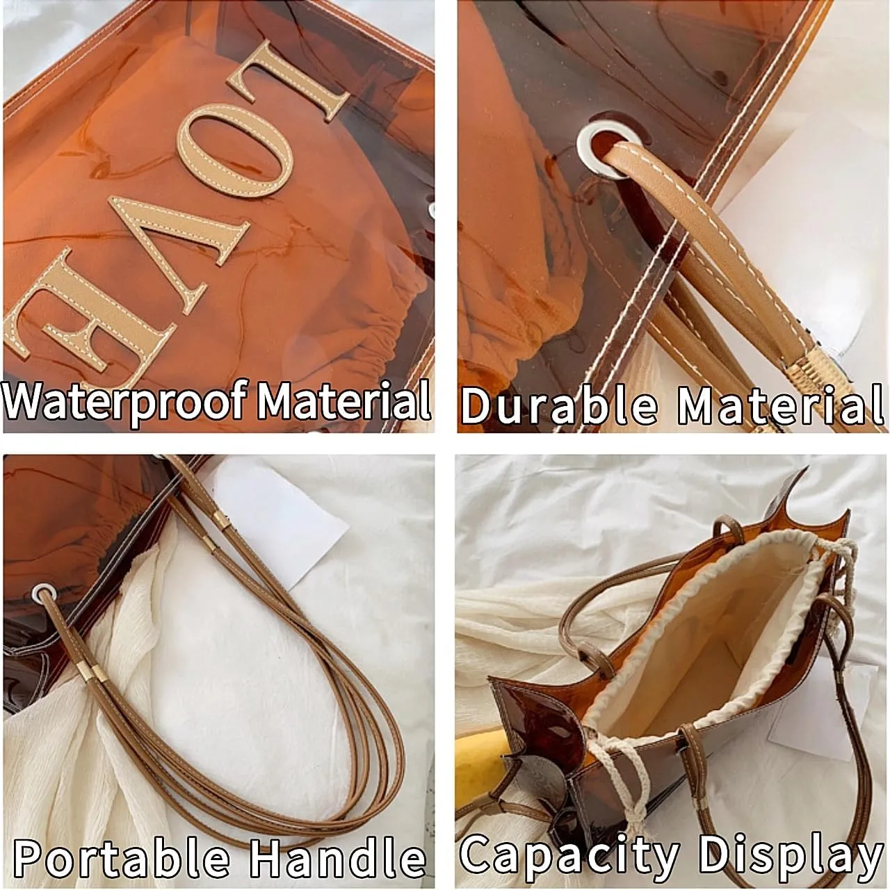 PVC Tote Bag Large Waterproof Kraft Paper Handbags with Zipper Pockets Handle for Women Work Beach Swimming
