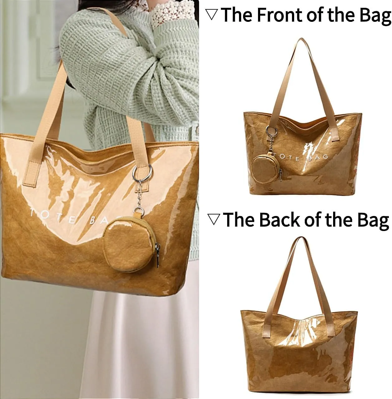 PVC Tote Bag Large Waterproof Kraft Paper Handbags with Zipper Pockets Handle for Women Work Beach Swimming