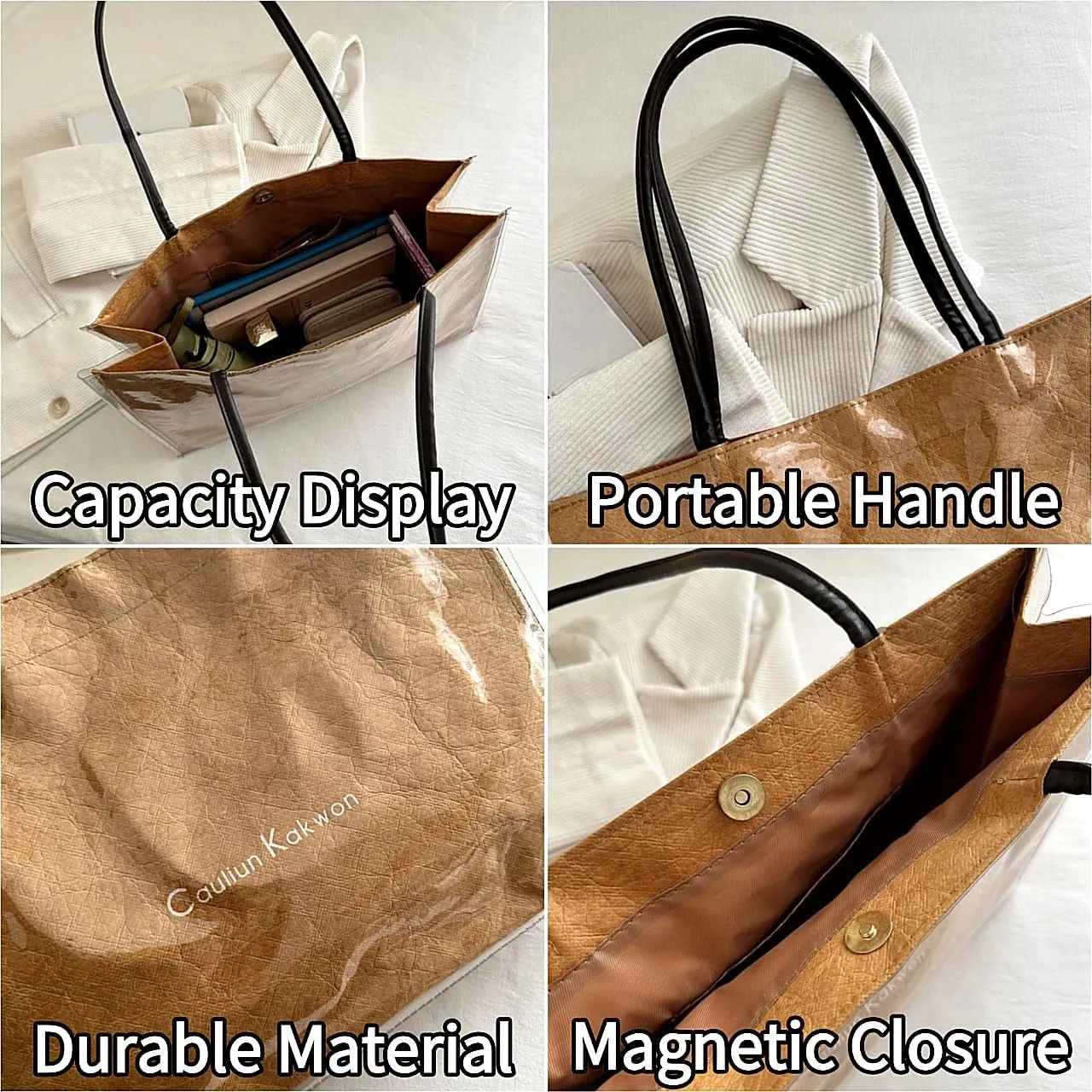 PVC Tote Bag Large Waterproof Kraft Paper Handbags with Zipper Pockets Handle for Women Work Beach Swimming