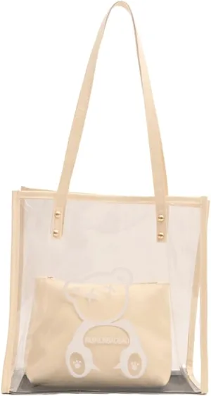 PVC Tote Bag Large Waterproof Kraft Paper Handbags with Zipper Pockets Handle for Women Work Beach Swimming