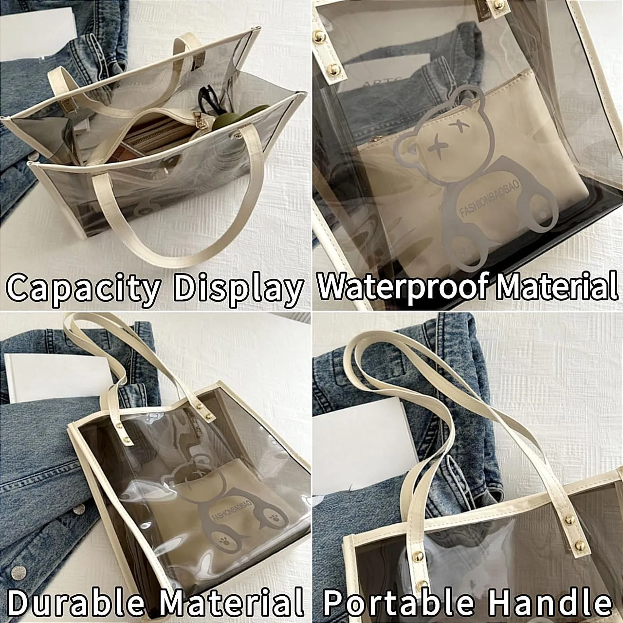 PVC Tote Bag Large Waterproof Kraft Paper Handbags with Zipper Pockets Handle for Women Work Beach Swimming