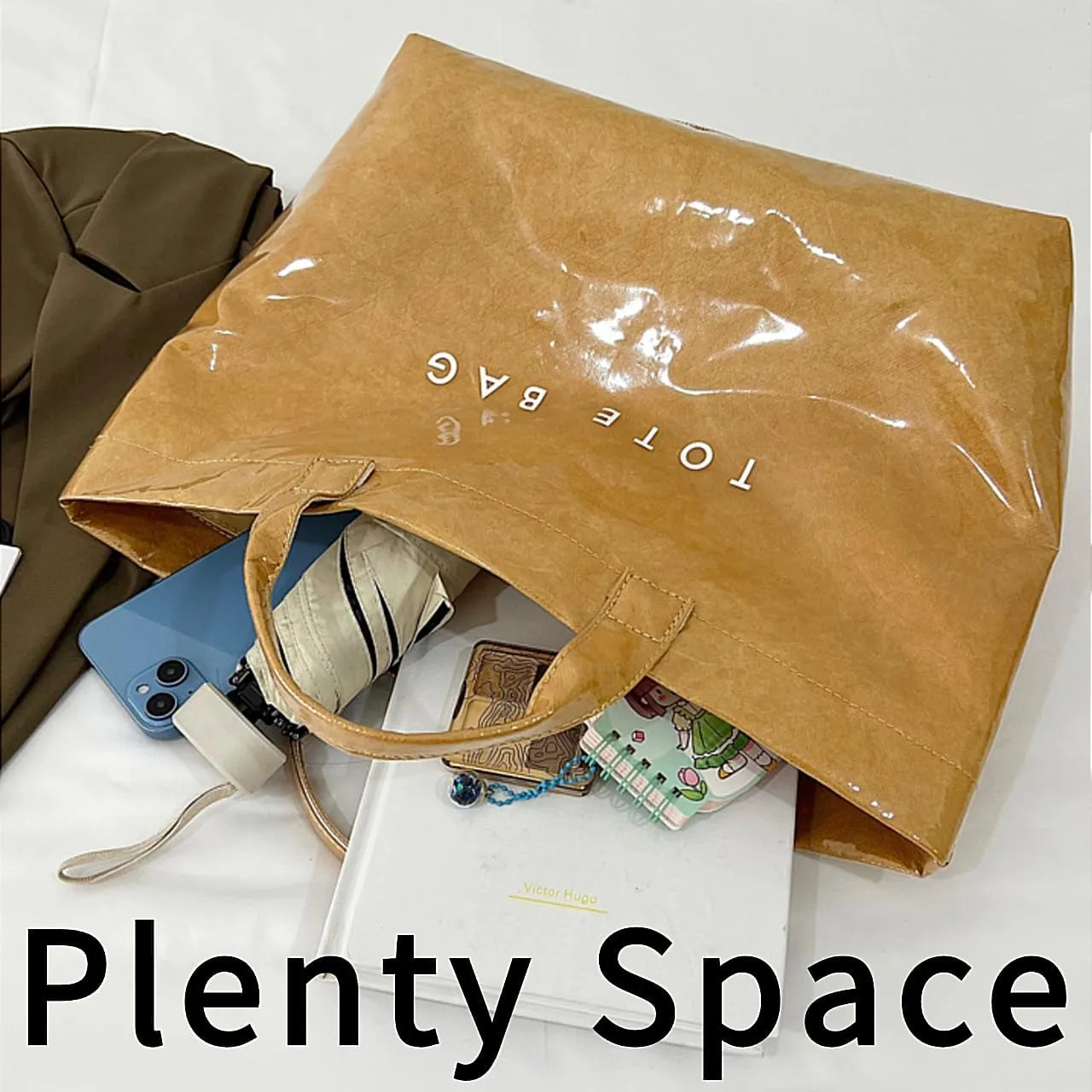 PVC Tote Bag Large Waterproof Kraft Paper Handbags with Zipper Pockets Handle for Women Work Beach Swimming