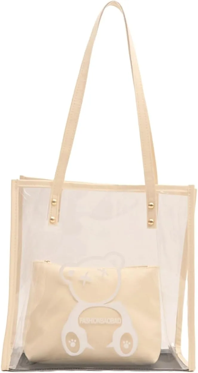 PVC Tote Bag Large Waterproof Kraft Paper Handbags with Zipper Pockets Handle for Women Work Beach Swimming