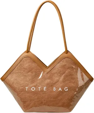 PVC Tote Bag Large Waterproof Kraft Paper Handbags with Zipper Pockets Handle for Women Work Beach Swimming