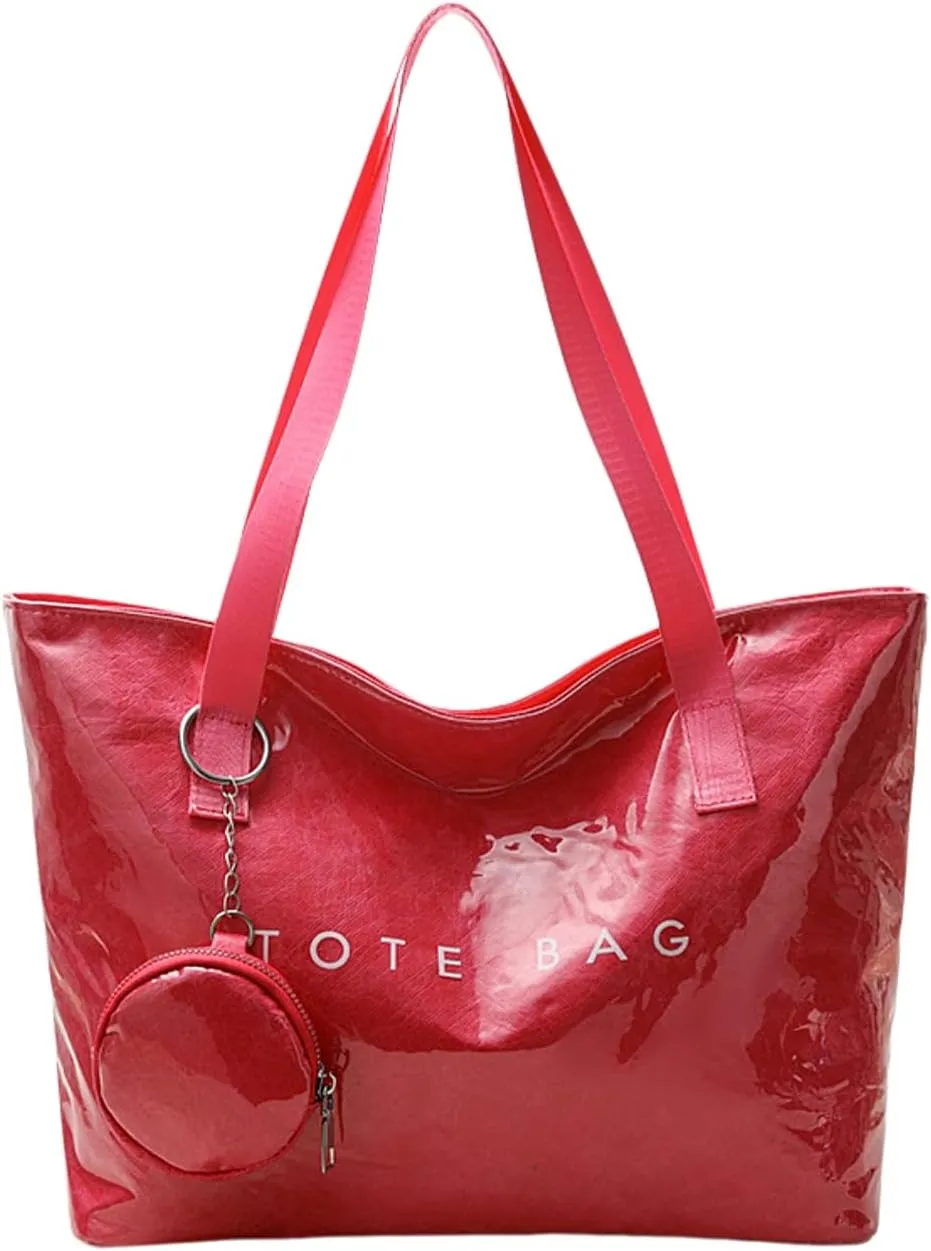 PVC Tote Bag Large Waterproof Kraft Paper Handbags with Zipper Pockets Handle for Women Work Beach Swimming