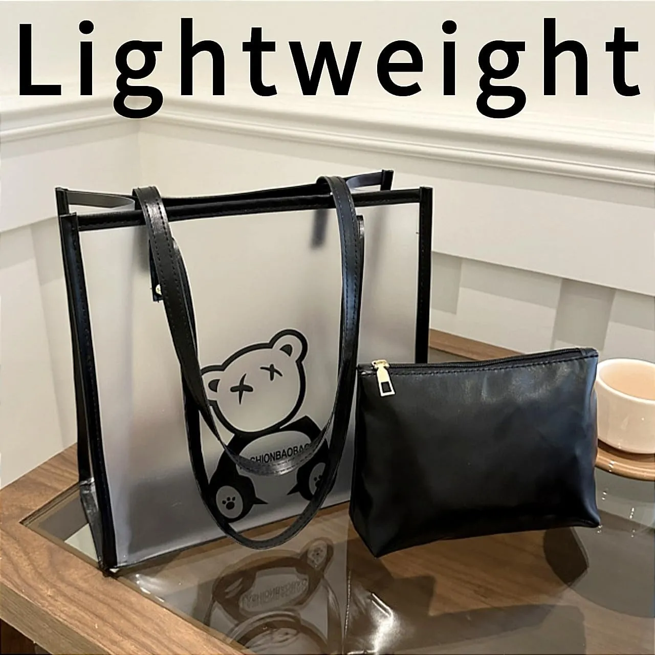 PVC Tote Bag Large Waterproof Kraft Paper Handbags with Zipper Pockets Handle for Women Work Beach Swimming
