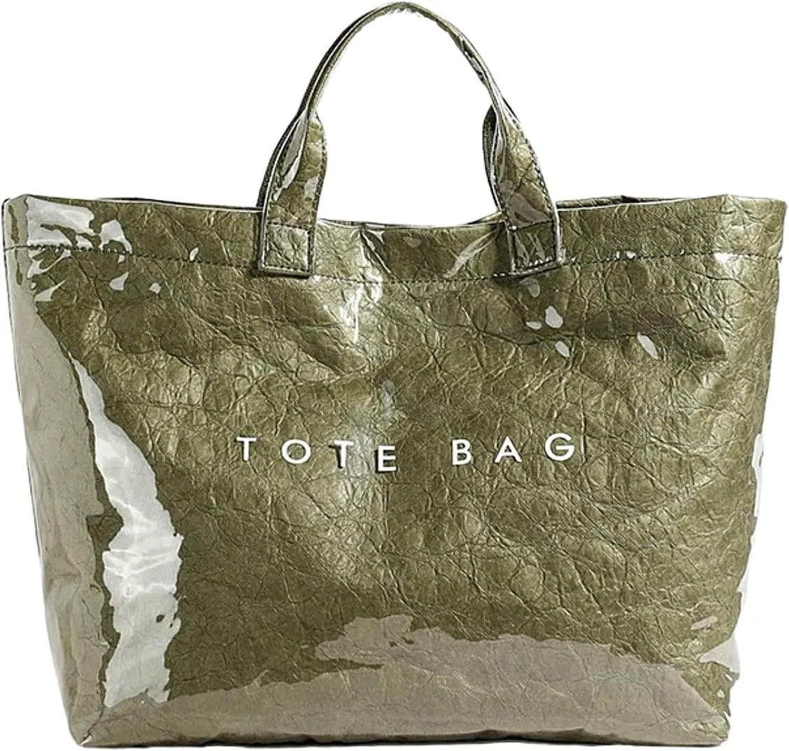 PVC Tote Bag Large Waterproof Kraft Paper Handbags with Zipper Pockets Handle for Women Work Beach Swimming