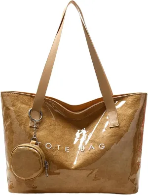PVC Tote Bag Large Waterproof Kraft Paper Handbags with Zipper Pockets Handle for Women Work Beach Swimming
