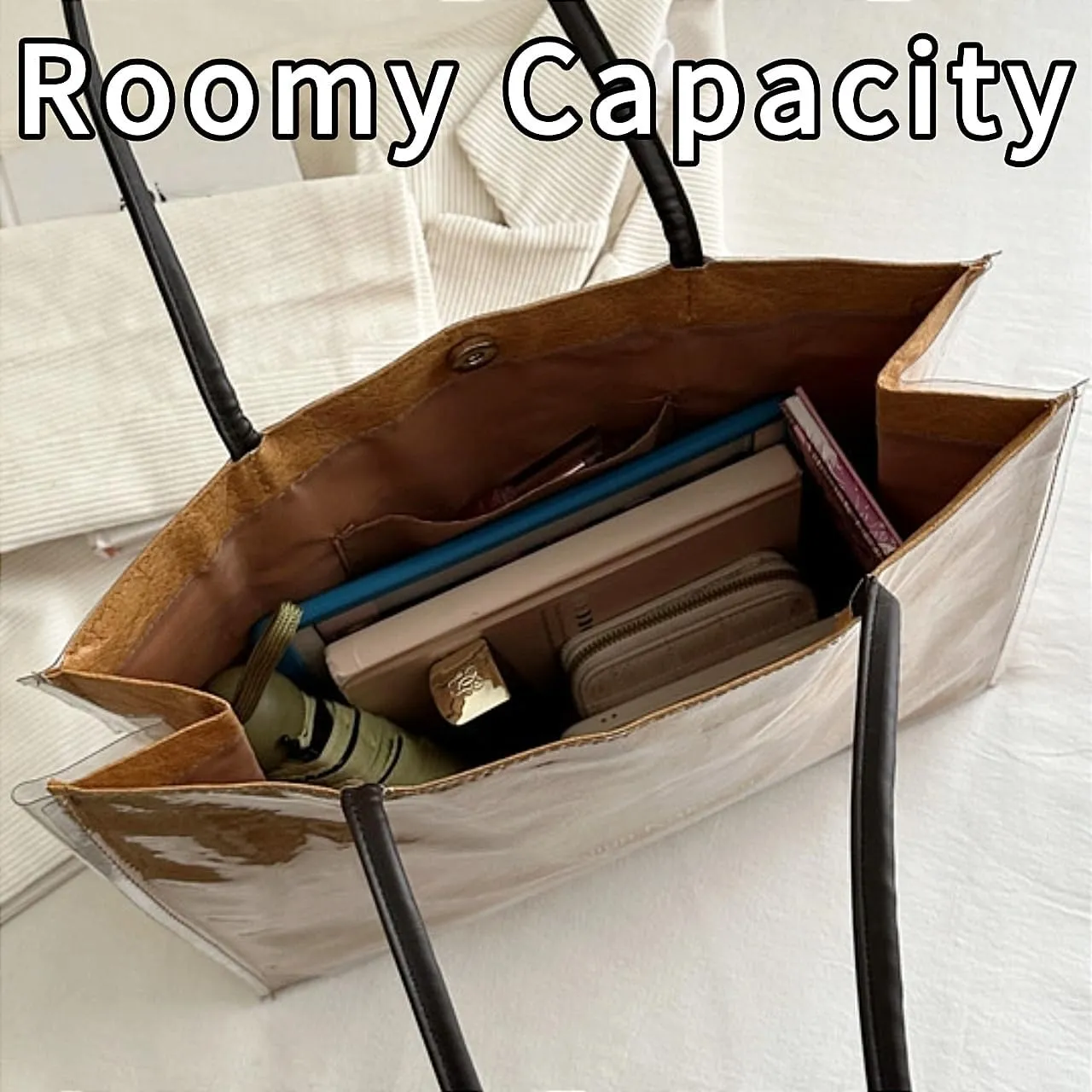 PVC Tote Bag Large Waterproof Kraft Paper Handbags with Zipper Pockets Handle for Women Work Beach Swimming