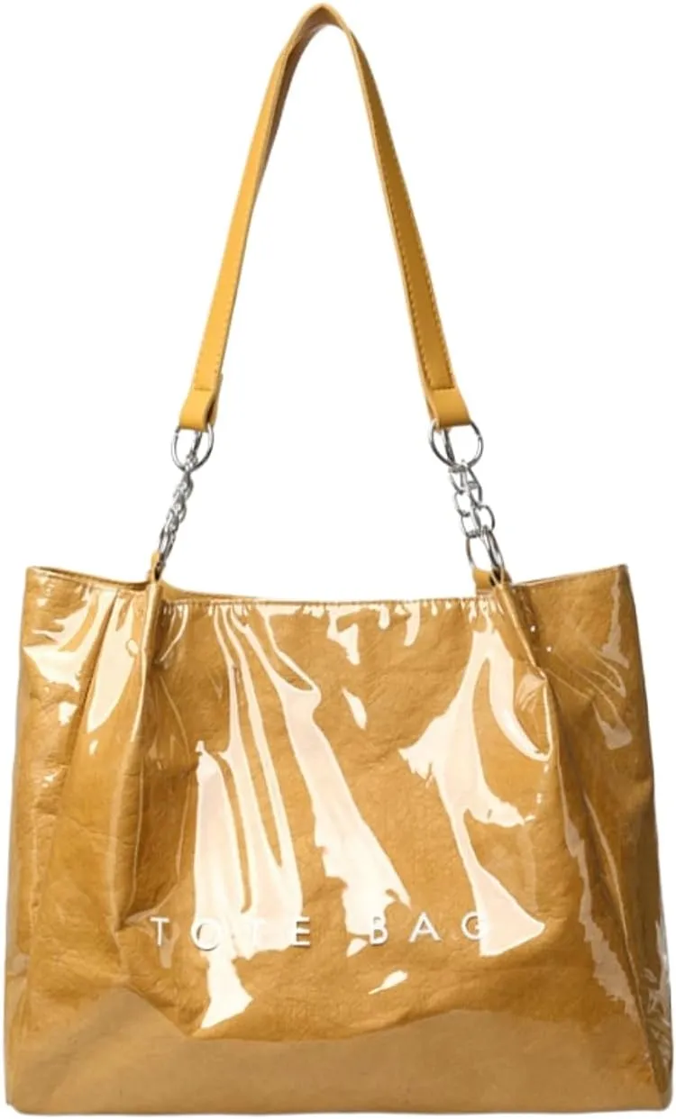 PVC Tote Bag Large Waterproof Kraft Paper Handbags with Zipper Pockets Handle for Women Work Beach Swimming